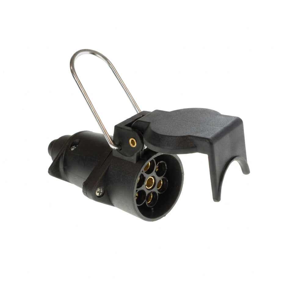A 12n 7 Pin Flying socket with the flap open showing the 7 pins for connection