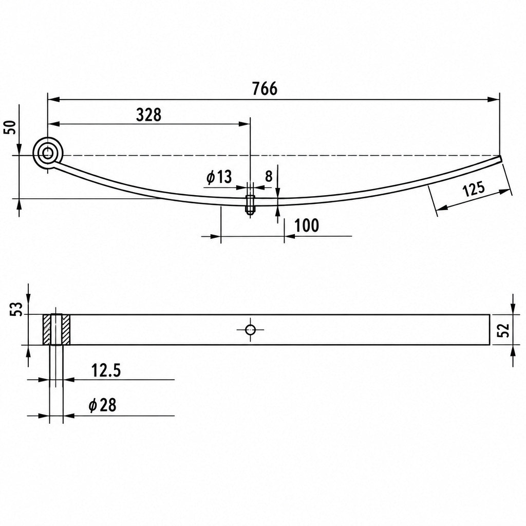 Information & dimensions of the Maypole Single Parabolic Leaf Spring for Ifor Williams Trailers MP4413B