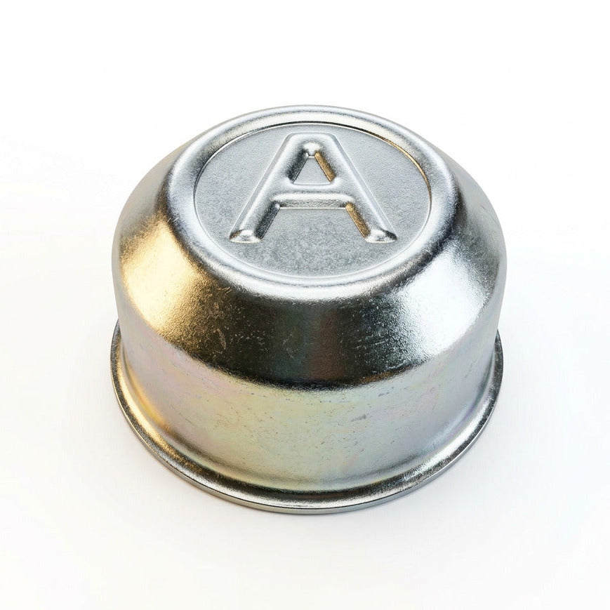 A 60mm metal grease cap with a visible brand logo on the top, primarily silver in color.