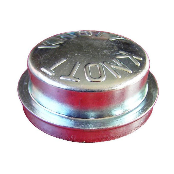 A Knott metal grease cap for trailer hub with a red and silver color scheme.
