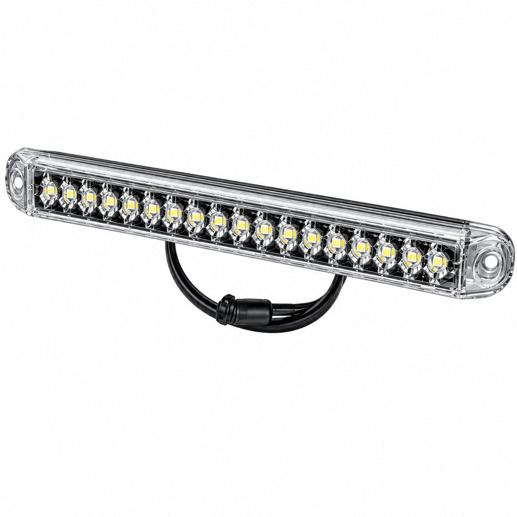 A rectangular LED light bar with a clear lens cover, showing multiple illuminated LED chips, with a black mounting bracket and wire attached below, set against a plain white background.