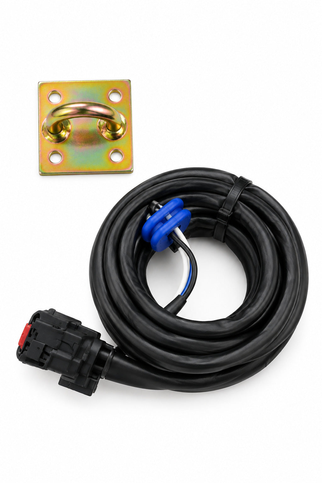 A packaged black electrical cable assembly with a small square metal bracket and a white label reading 333/2359, sealed in a clear plastic bag on a light surface.