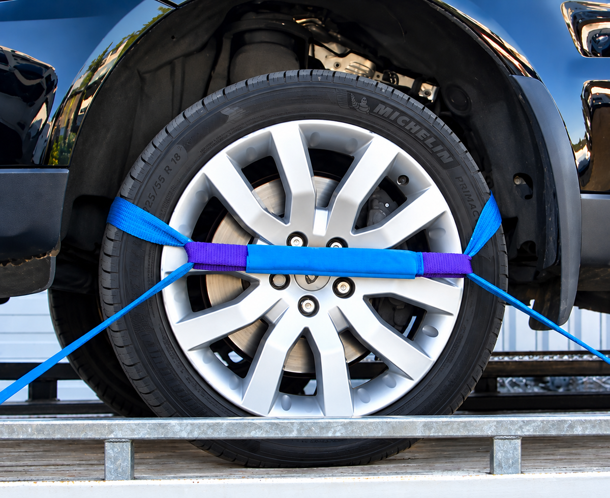 A close-up of a car wheel with a blue and purple strap wrapped around it, secured on a trailer.