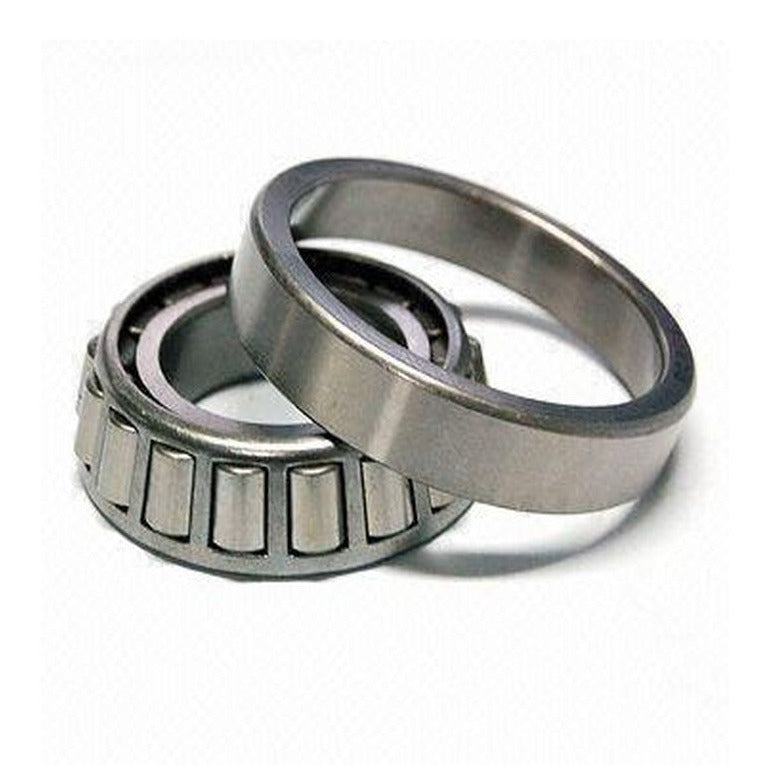 Two metric taper roller bearings with a silver finish, one showing the inner cone bearing and the other the outer bearing cup race.