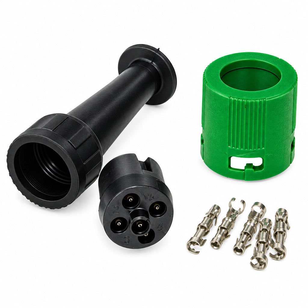 A break down of the AJBA Trailer light plug in green showing the outer casing inner casing rubber & individual pins that makes up the kit.